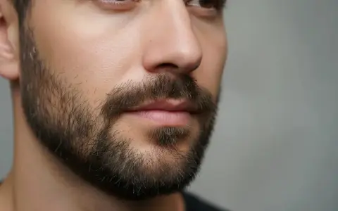 Nahaufnahme eines Mannes mit einem gepflegten 3-Tage-Bart. Seine braunen Augen blicken nach rechts.