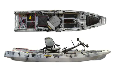 Ein Orca Boot, bereit für Abenteuer. Dieses Kajak mit Pedalantrieb und bequemer Sitzgelegenheit ist ideal für Angler und Entdecker.