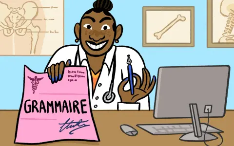 Une doctoresse souriante tient une ordonnance rose "GRAMMAIRE". Peut-être qu'elle prescrit des leçons de français pour améliorer la santé des mots.