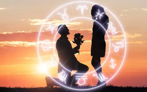 Zodiakalny krąg miłości, gdzie mężczyzna klęczy z bukietem kwiatów, oferując go kobiecie. Idealny horoskop dla samotnych panien szukających swojej drugiej połówki.