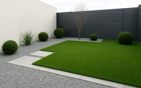 Modern garden with artificial grass, gravel, concrete paths and spherical bushes. Ideas para jardin con cesped artificial.