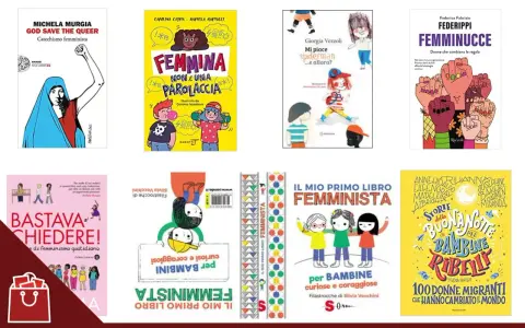 Una raccolta di libri sul femminismo per bambini e adulti, con copertine colorate e messaggi di empowerment.