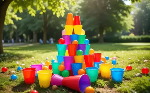 Färgglada plastmuggar och bollar ligger utspridda på en gräsmatta, redo för roliga 5 kamp lekar i parken.