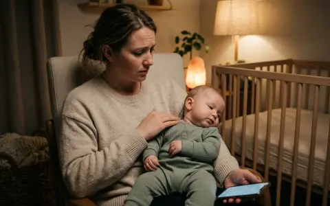 Zmęczona mama trzyma niemowlę, które roczne dziecko kręci głową na boki, szukając ukojenia.