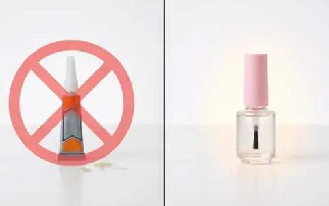 A tube of glue with a red prohibition sign over it, contrasted with a bottle of clear nail polish.