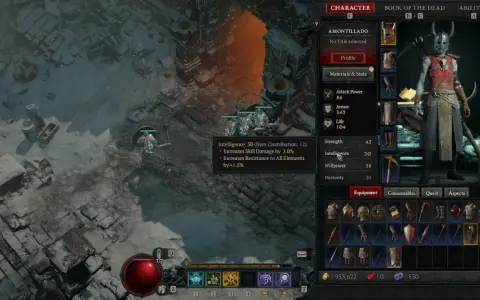 Personaje nigromante en Diablo 4, con estadísticas de inteligencia y equipo.