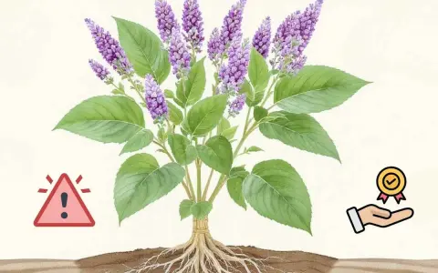 Plante de bardane avec ses racines, symbolisant les bardane bienfaits. Un panneau d'avertissement et une main tenant une médaille indiquent les précautions et les avantages.