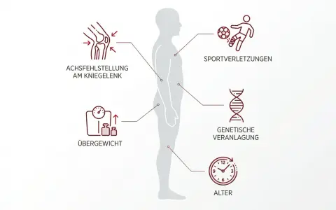 Grafik zeigt arthrose ursachen: Achsfehlstellung, Übergewicht, Sportverletzungen, genetische Veranlagung und Alter.