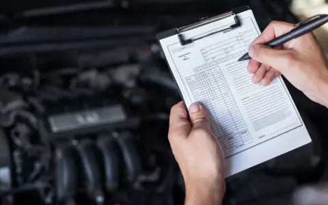 Mechaniker prüft den Motor und füllt ein Formular aus, um die durchsicht auto kosten zu ermitteln.