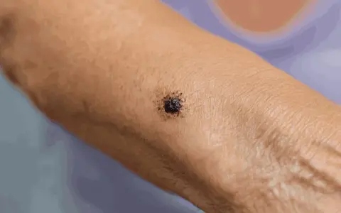 Zbliżenie na ciemną, nieregularną zmianę skórną na ramieniu.