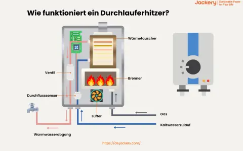 Schema eines Durchlauferhitzers im Bad: Kaltwasser wird erwärmt durch Brenner und Wärmetauscher, gesteuert von Ventil und Durchflusssensor.