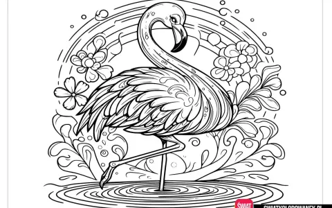 Flamingo na flaming kolorowanka, otoczony tęczą, kwiatami i wodą. Czeka na Twoje kolory!