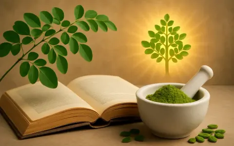 Branche de moringa plante, livre ouvert, mortier rempli de poudre verte et arbre lumineux.