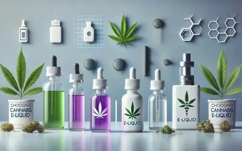 Variedad de frascos con líquidos de colores y hojas de cannabis, mostrando los **sabores de líquidos para cigarrillos electrónicos**.