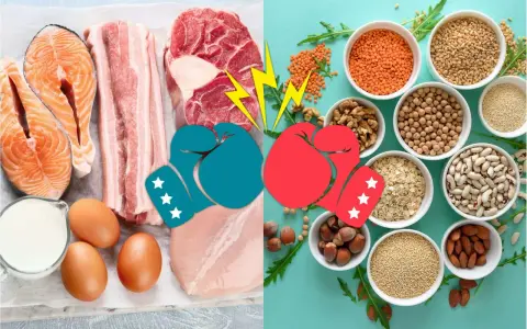 Kamp mellan animaliskt protein (lax, bacon, kött, kyckling, ägg, mjölk) och vegetabiliska proteinkällor (linser, nötter, bönor, havre, quinoa, mandlar).