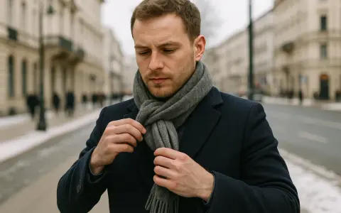 Mężczyzna w granatowym płaszczu poprawia szary szalik. Pokazujemy, jak wiazac szalik meski, by wyglądać stylowo.