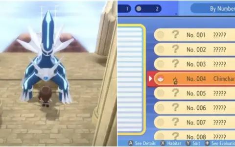 Jugador frente a Dialga en Pokémon Diamante Brillante. A la derecha, la Pokédex Nacional muestra a Chimchar, No. 004.