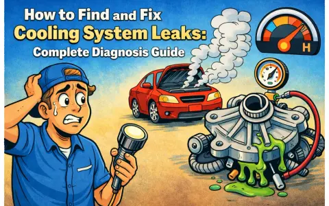 A distressed mechanic holds a flashlight, facing a steaming red car and a leaking coolant pump. The image illustrates how to find and fix cooling system leaks.