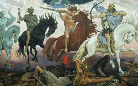 Czterej jeźdźcy Apokalipsy galopują, ukazując, jak wygląda koniec świata: śmierć, wojna, głód i zaraza.