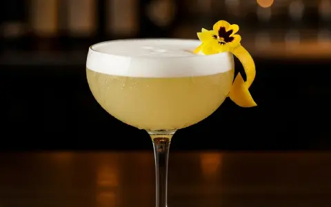 En elegant elderflower sour med skummig topp, garnerad med en citronskal och en liten blomma.