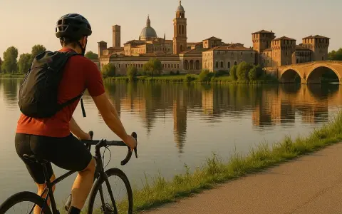 Ciclista ammira il panorama di Ferrara Mantova al tramonto, con riflessi sull'acqua.
