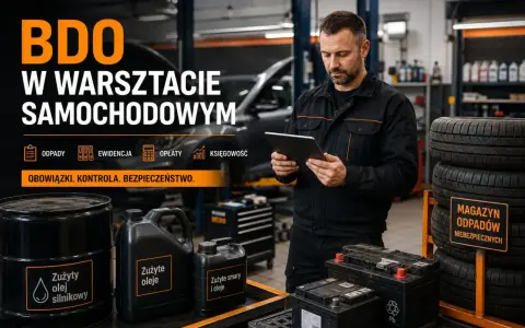 Mechanik w warsztacie samochodowym korzysta z tabletu, zarządzając odpadami i ewidencją. Obok stoją beczki z zużytymi olejami i akumulatory.