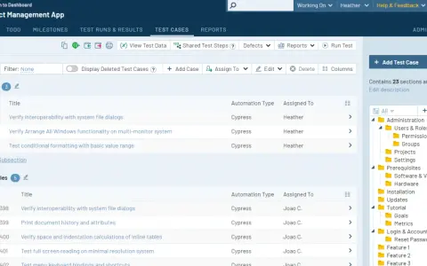 Zarządzanie przypadkami testowymi w aplikacji Project Management App. Widok "Test Cases" pokazuje listę testów, ich ID, tytuł, typ automatyzacji i przypisaną osobę. To jest właśnie **testrail co to** jest za narzędzie.