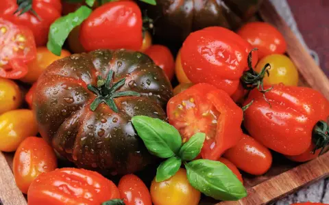 Gros plan sur une variété grosse tomate rouge, aux côtés de tomates cerises et de basilic frais, le tout parsemé de gouttes d'eau.