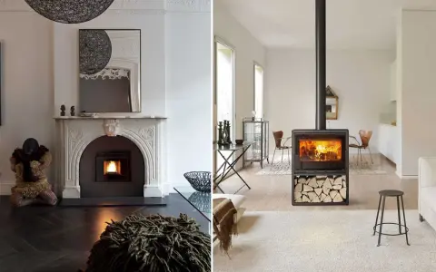 Due eleganti caminetti moderni, uno a legna e uno a pellet, riscaldano due diversi ambienti domestici con il loro calore invitante.