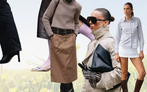 Modische Damen-Outfits für eine Capsule Wardrobe: Trenchcoat, Rock, Hose, Hemd und Accessoires vor blumiger Wiese.