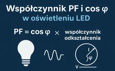 Wzór na moc prądu: PF = cos φ × współczynnik odkształcenia. Ilustracja przedstawia żarówkę, falę sinusoidalną i symbol fazy.