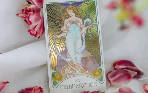 La carta de la templanza tarot, con su figura etérea vertiendo agua, rodeada de pétalos de tulipán rosa y blanco, evoca serenidad y equilibrio.