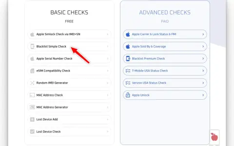 Chcesz wiedzieć, jak sprawdzić czy telefon ma simlock? Na liście "BASIC CHECKS" znajdziesz opcję "Apple Simlock Check via IMEI+SN".
