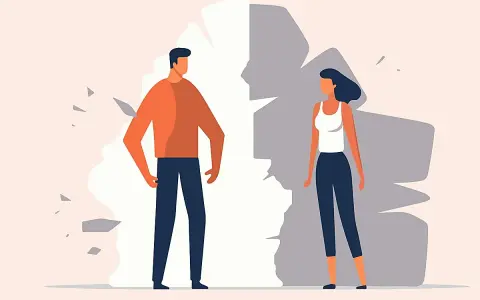 Hombre y mujer separados por una pared rota, simbolizando problemas de pareja.