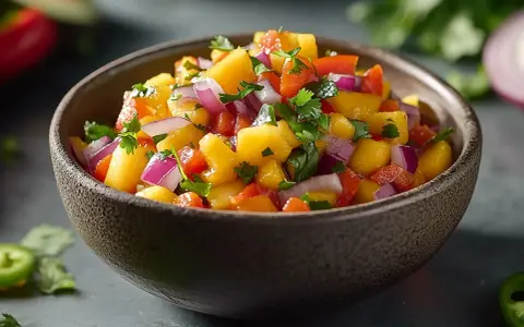 En skål med färgglad mango salsa, full av söta mangobitar, rödlök och koriander. Perfekt till grillat!