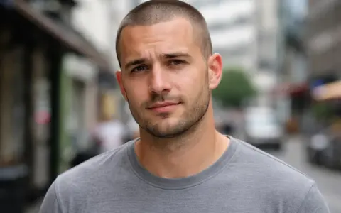 Hombre joven con corte en u, barba cuidada y camiseta gris, mirando a la cámara en una calle urbana.
