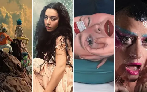 Kolaż okładek albumów muzycznych: Gorillaz, Charli XCX, surrealistyczny portret i artysta w makijażu.