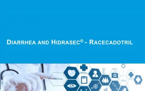 Lekarz w rękawiczce wskazuje na ikonki medyczne, obok napis "DIARRHEA AND HIDRASEC® - RACECADOTRIL".