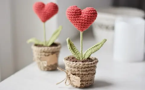 Dos tiernos corazones amigurumi en macetas de yute, uno con una etiqueta que dice "I love you".