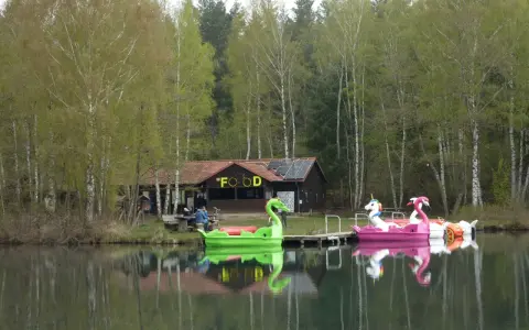 Bunte Tretboote in Form von Schwänen und Einhörnern liegen am Ufer des Bruchsee Duingen. Ein Gebäude mit der Aufschrift "FOOD" und Solaranlagen steht im Hintergrund.