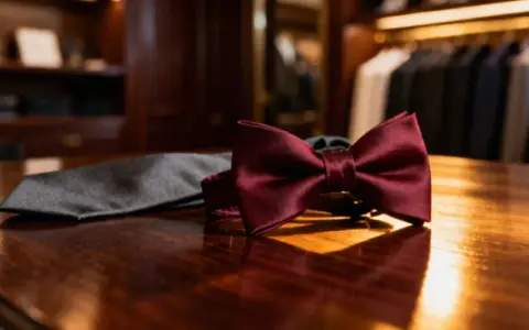 Elegancka bordowa mucha i szary krawat leżą na drewnianym stole. Wybór między muchą czy krawatem zależy od okazji.