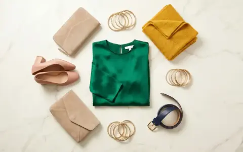 A deep green silk blouse is the centerpiece of this flat lay. What goes with dark green clothes? Think blush pink heels, beige clutches, a mustard yellow scarf, gold bangles, and a navy belt.