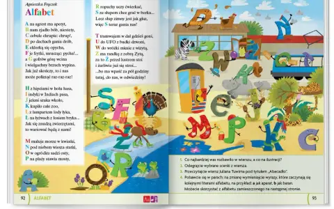 Kolorowe litery alfabetu z postaciami zwierząt i ludzików, ilustrujące najkrótszy wiersz Juliana Tuwima dla dzieci.