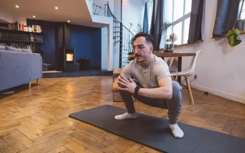 Homme en tenue de sport effectuant un étirement pubalgie sur un tapis de yoga dans un salon moderne.