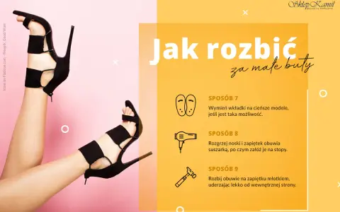 Nogi w czarnych sandałach na obcasie, obok ikon przedstawiających metody rozciągania butów.
