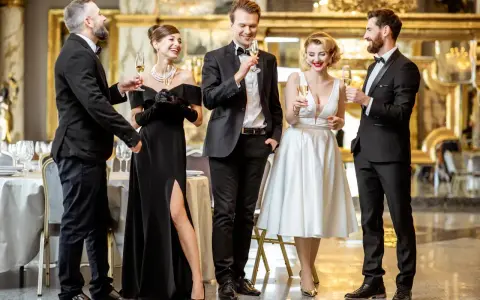 Elegancka czwórka w strojach black tie wznosi toasty. Kobieta w czarnej sukni z rozcięciem i mężczyźni w smokingach.