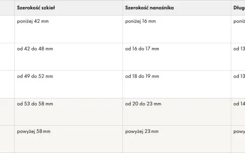 Tabela rozmiarów okularów: od bardzo małych po bardzo duże, z podanymi wymiarami szkieł, nanośnika i zauszników. Pomaga dobrać dobrze dobrane okulary.