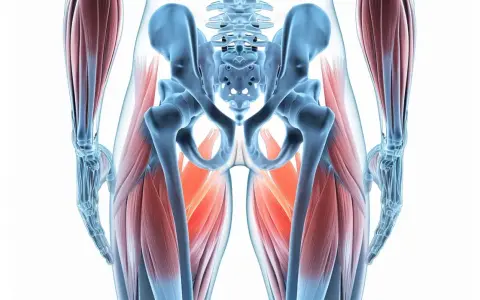 Anatomia miednicy i ud mężczyzny, ukazująca mięśnie dna miednicy, znane jako mięśnie Kegla, w czerwonym kolorze.