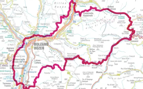 Mappa delle Dolomiti con itinerario di 5 giorni evidenziato in fucsia, partendo da Bolzano.