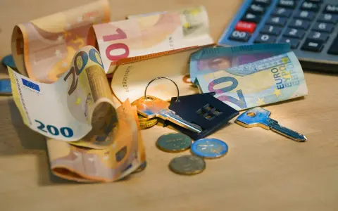 Clés, pièces et billets d'euros sur une table en bois. Calculatrice en arrière-plan. Le prix pose carrelage m2 est une préoccupation.